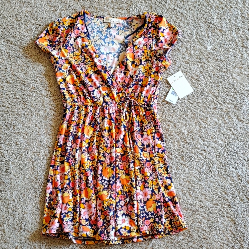 BeBop Juniors Short Sleeve Wrap Dress Navy/Yellow flowers